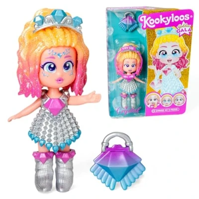Image of KOOKYLOOS Golden Gala Series CRYSTAL, Collectable doll from the series. Contains Crystal,1 bag, fashionable clothes and shoes 1 accessory. doll,3 different faces