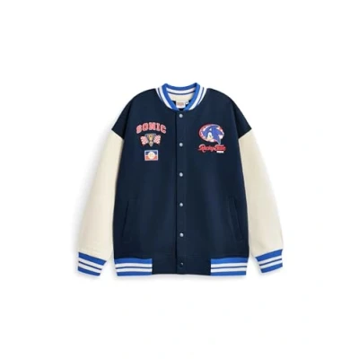 Image of Sonic The Hedgehog Boys Bomber Jacket Kids Racing Team Varsity in Blue Childrens Character Checkered Flag Graphic Zipped Baseball Sega Retro Video Game Merchandise Gift