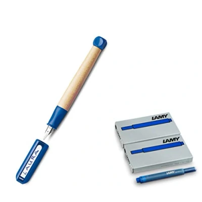 Image of LAMY ABC 009 Fountain Pen Made of Maple Wood and Plastic in Blue Steel Nib Polished Size A (Beginners) A, + Cartridges