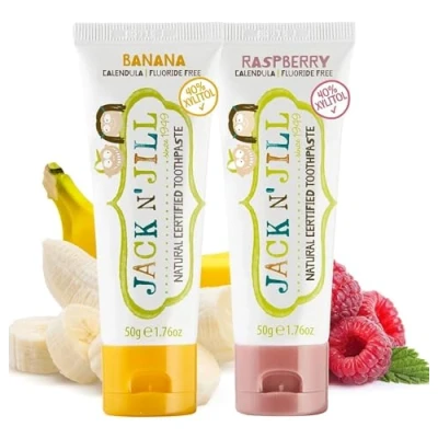 Image of Jack N&#039; Jill Natural Certified Toothpaste Baby &amp; Toddler Toothpaste, Fluoride Free, 40% Xylitol, Sugar Safe from 6 Months, Makes Brushing Fun, Organic Banana and Raspberry Flavours, 2 x 50g
