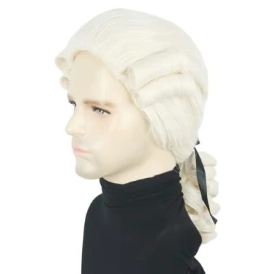 Image of LeMarnia George Washington Wig for Cosplay Colonial Politician Beige Curly Judge Lawyer Halloween Costume