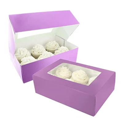 Image of Baked with Love 6/12 Cupcake Box, Twin Pack, Purple Boxes to Carry Tasty Treats, Includes Dual Insert for 6 Standard Cupcakes or 12 Mini Cupcakes, Pack of 2