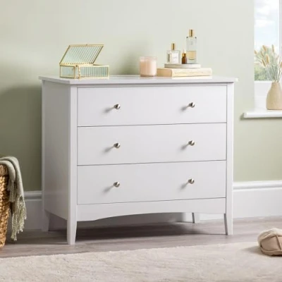 Image of CHRISTOW White Chest Of Drawers, 3 Drawer Storage Organiser Unit, Modern Wooden MDF Bedroom Cabinet Furniture, Living Room Hallway, Brushed Chrome Handles, Smooth Glide Runners (70cm x 80cm 40cm)