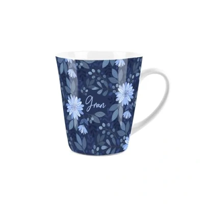 Image of Gran Gift Mug Dark Blue Flowers Design Small Latte Ceramic White Tea/Coffee Present