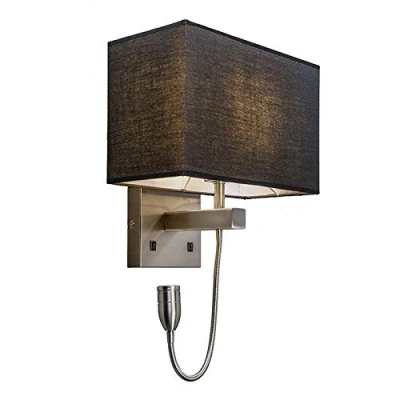 Image of Qazqa Wall Lamp I Light Steel Nickel Matt Satin with Black Shade and Reading arm incl. LED Bergamo Modern 1 Suitable for Living Room Kitchen Bedroom