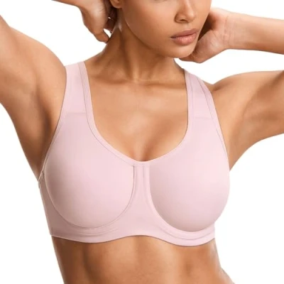 Image of SYROKAN Women&#039;s Max Control Solid High Impact Plus Size Underwire Sports Bra for Large Breasts Rhodonite Pink 44D