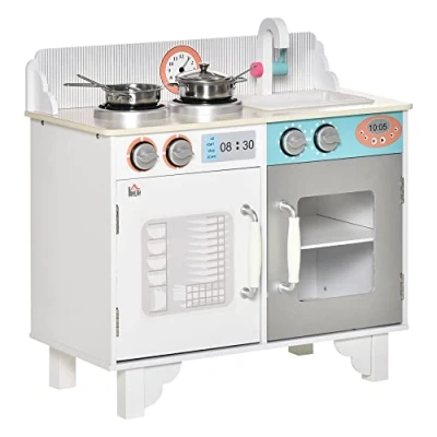 Image of HOMCOM Kids Wooden Play Kitchen Toy Cooking Set Pretend Role Playset, with, Bench, Stainless Steel Pot for 3 6 Years