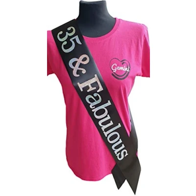 Image of Gemini Ribbons 35 and Fabulous 35th Birthday Sash Holographic Party Womens Mens Gift