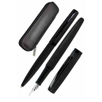 Image of Online Set Eleganza Fountain Pen &amp; Ballpen I Black Style Nib Size M Metal Clip Retractable Biro for Standard Ink Cartridges Or Converter In Gift Box