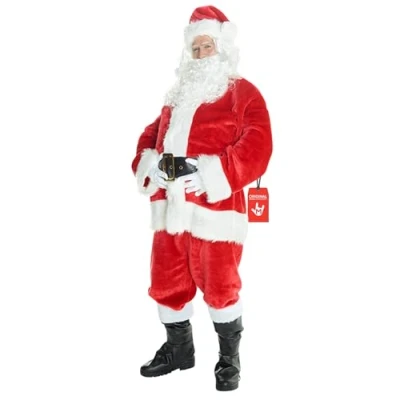 Image of Mens Deluxe Santa Claus Costume Father Christmas Suit For Men Festive Outfit, Deluxe, PLUS (46 48 Inch /117 122 cm Chest)