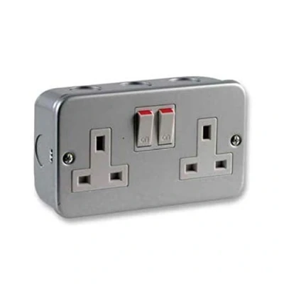 Image of Ex Pro [1 PACK] 2 Way Double Mains Metal Clad Switched Socket Outlet 13A, Complete with Surface Mounting Back Box