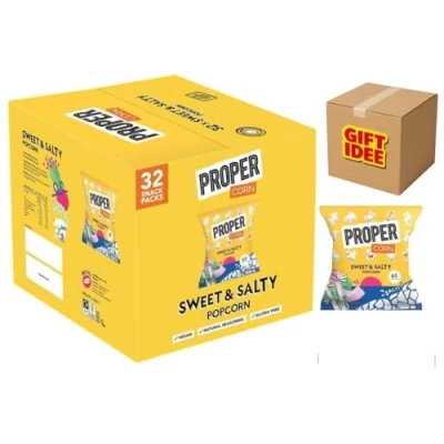 Image of Proper Corn Sweet &amp; Salty Popcorn Multipack 14g, Box of 32 Natural Sea Salt and Cane Sugar Seasoning, Vegetarian, Gluten Free, Hand Popped Corn, 65 kcal Gift Idee