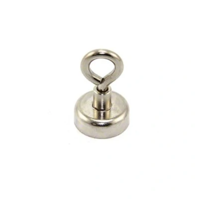 Image of Neodymium Clamping Magnet with M4 Eyebolt for Hanging, Holding or Displaying Items 20mm Diameter x 34mm High 16.5kg Pull Pack of 10