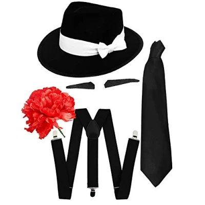 Image of GANGSTER FANCY DRESS ACCESSORY SET SPIV TASH +BLACK TIE + BLACK BRACES OR WHITE TRILBY HAT RED CARNATION FLOWER 1920&#039;S MOB MEN AL CAPONE (BLACK BAND)