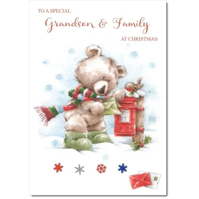 Image of doodlecards Grandson and Family Christmas Card Cute Bear at Post Box Medium Size for &amp; with Plain Envelope