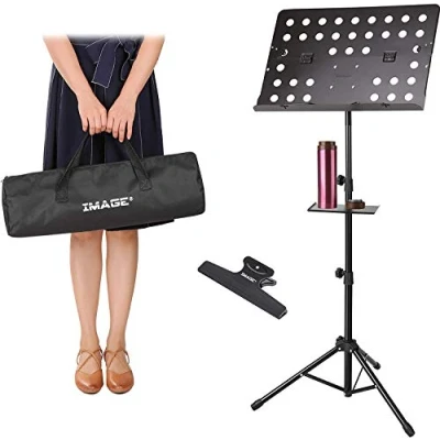Image of Music Stand Sheet Adjustable and Foldable Travel Metal with Carrying Bag Tray Clip Holder for Instrumental Performance