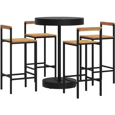 Image of vidaXL 5 Piece Garden Bar Set Black Poly Rattan&amp;Solid Wood Acacia