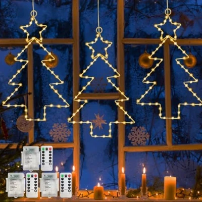 Image of Jsdoin Christmas Window Lights 3 Packs Battery Operated Star with 8 Modes &amp; Remote 45 LED Warm Light for Party Indoor Outdoor Xmas Decoration (Warm White, Xmas)
