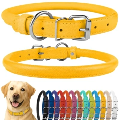 Image of CollarDirect Rolled Leather Dog Collar, Soft Padded Round Puppy Handmade Genuine Collar Small Large Cat Collars Black Pink Red Purple Blue (Fits 16&quot; 20&quot; Neck, Dark Blue)