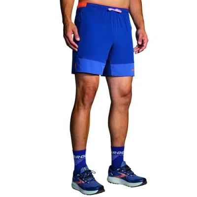 Image of BROOKS 211454452 High Point 7&quot; 2 in 1 Short Shorts Men&#039;s Dark Aegean/Bright Orange Size 25