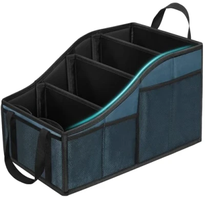 Image of YOHOOLYO Car Seat Organiser Back for kids with 4 Compartments, Cup Holders and 7 Mash Pockets, Collapsible Boot Storage Front Seats Blue