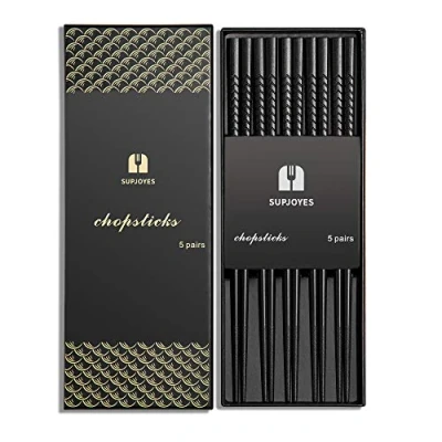 Image of SUPJOYES 5 Pairs Fiberglass Chopsticks Reusable Dishwasher Safe, Japanese Chinese Chop Sticks with Wave Pattern, 9 1/2 Inches