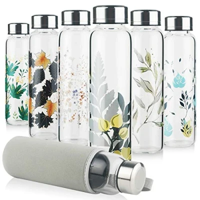 Image of Reeho Borosilicate Glass Water Bottle, Drinking Bottle with Neoprene Sleeve and Leakproof Stainless Steel Lid 500 ml / 1000 1 Litre