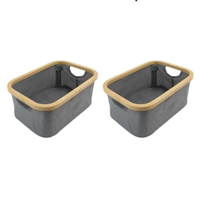 Image of JVL Bambanio Foldable Bamboo Storage Basket, 26L, Set of 2 Grey