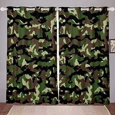 Image of LKCD Eyelet Blackout Camouflage Army Green 79X63 Inch Thermal Insulated Curtains 2 Panels For Living Room/Bedroom/Nursery