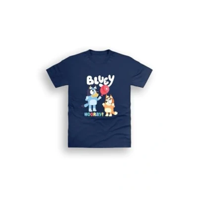 Image of Bluey Navy T Shirt for Kids Unisex Sizes 1 8 Years Hooray Balloon Play Design (UK, Age, Year, 2 Years, Regular, Standard, Navy)