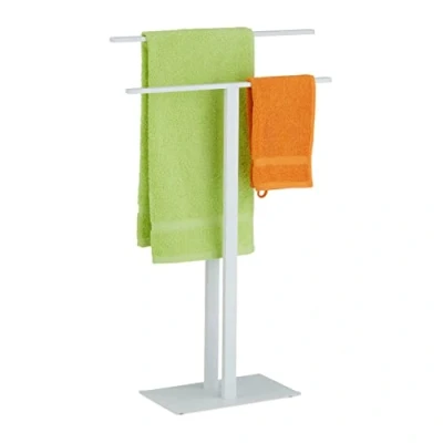 Image of Relaxdays Rack, 2 Rails, T Design, H x W D: 82 50 19 cm, Standing Towel Holder, Metal, White