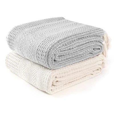 Image of EHC Throw Blanket, Throws for Sofas armchairs Sofa Settee Couch Bed Cover Over Blanket throw, 125 x 150 cm, Grey/Ivory (Pack of 2)