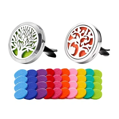 Image of QitinDasen 2Pcs Premium Car Aromatherapy Essential Oils Diffuser, Stainless Steel Vent Clip, with 40Pcs Replacement Felt Pads (10 Colors) Without Oil (Tree of Life &amp; Lucky Tree)
