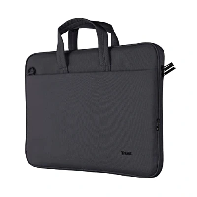 Image of Trust Bologna Sustainable Slim Laptop Bag 16 Inch with Shoulder Strap, Eco Bag, Recycled Plastic Case, RPET Work Lightweight Carrying Case for Travel, Business, Office, School Black
