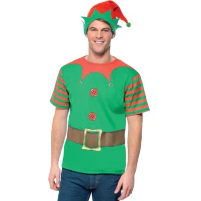 Image of Smiffys Elf Instant Kit, Green with T Shirt &amp; Hat, Christmas Adult Fancy Dress, Dress Up Costumes