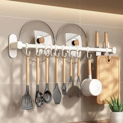 Image of EHOTER Utensil Rack Kitchen Holder Rail with 8 Hooks Space Saving No Drilling Wall Mounted Self Adhesive for Bathroom Bedroom (White)