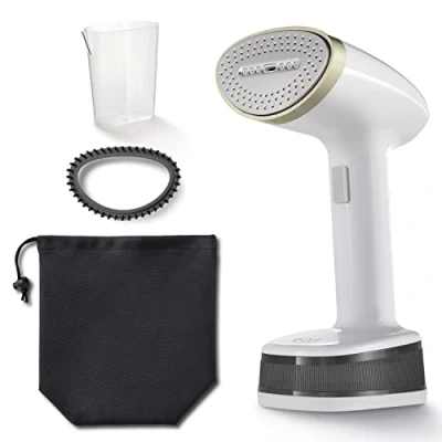 Image of Breville CompactSteam Foldable Garment Steamer Handheld Travel Clothes 1400W Fast Heat Up Bag White &amp; Gold
