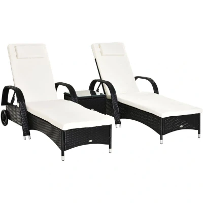 Image of Outsunny 3 Piece Rattan Sun Lounger Wicker Sofa Day Bed Recliner Furniture Garden Patio Black