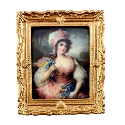 Image of Melody Jane Dolls House Miniature Accessory Lady in Pink Painting Gold Frame