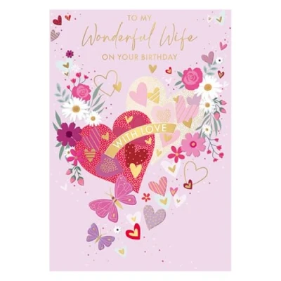 Image of Words &#039;n&#039; Wishes Wonderful Wife Birthday Card Butterflies, Flowers and Hearts with a Foil Finish Eco Friendly