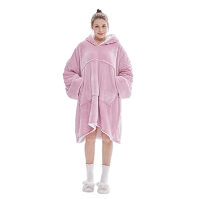 Image of 1ABOVE 90CM Oversized Sherpa Hoodie Blanket for Men &amp; Women, Ultra Soft Warm Cosy Wearable Sweatshirt with Sleeves and Big Pocket (LOTUS PINK)