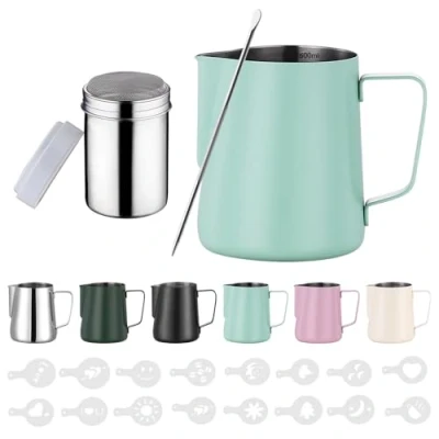 Image of Zuquik 600 ml Stainless Steel Milk Jug, Barista Jug with Measurement Mark 20 oz, Foam Cocoa Shaker, 16 Latte Art Stencils &amp; Pen for Cappuccino and Espresso, Mint Green