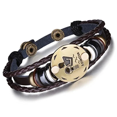 Image of Infinite U Retro Punk Mens Womens 12 Constellation Zodiac Sign Bracelet Braided Leather Alloy Charm Multilayer Wristband Bangle