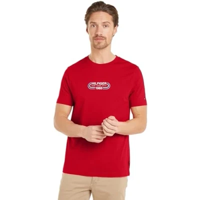 Image of Tommy Hilfiger Track Graphic TEE Print Tshirt, Men&#039;s, Size: Small, Primary red
