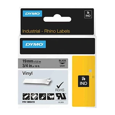 Image of Dymo Rhino Industrial Labels Vinyl 19 mm x 5.5m Black on Gray