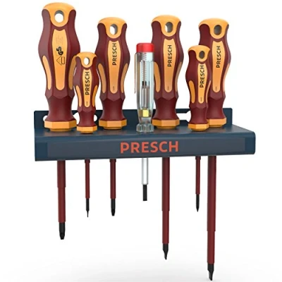 Image of Presch Insulated Screwdriver Sets 7pcs. VDE Set 1000V with Voltage Tester and Wall Bracket for Electricians