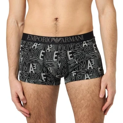 Image of Emporio Armani Men&#039;s Stretch Cotton All Over Bold Trunk, Stone Logo Print/Black, M