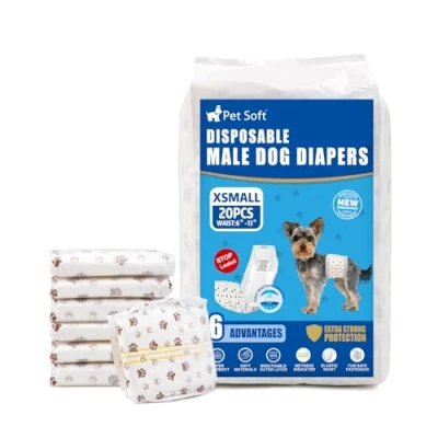 Image of Pet Soft Disposable Male Dog Wraps 20 Counts Nappies Male, Super Absorbent Puppy Diapers Incontinence Nappy with Wetness Indicator (XS Count)