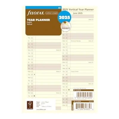 Image of Filofax Calendar Diary Refill, A5 Size, Vertical Year Planner, Cotton Cream Paper, English, 2025 (C68508 25)