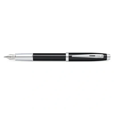 Image of Sheaffer 100 Refillable Fountain Pen, Medium Nib, Glossy Black Lacquer Finish, Polished Chrome Plated Trim
